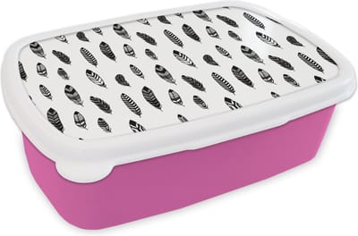 Broodtrommel Roze - Lunchbox - Brooddoos - Veren - Zwart Wit - Patroon - Vogel - 18x12x6 cm - Kinderen - Meisje