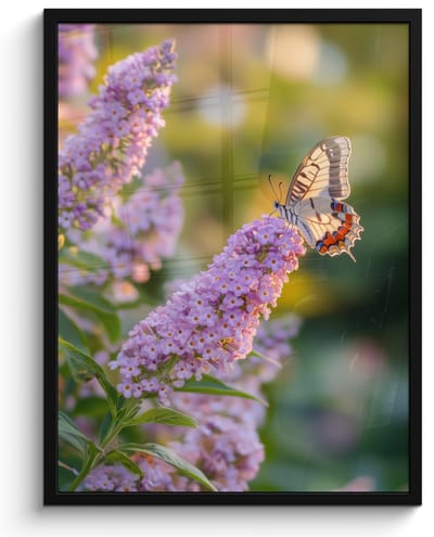 Poster in lijst - Fotolijst 50x70 cm - Posters - Sierlijke - Vlinder - Paarse - Bloemen - Posterlijst zwart - Decoratie - Wanddecoratie woonkamer - Muurdecoratie slaapkamer