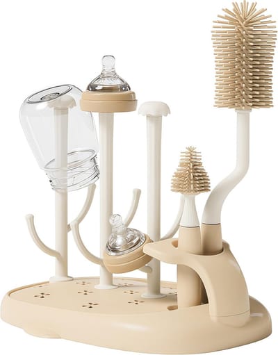 Droogrek voor babyflessen, afdruiprek, flessen baby met flessenborstel, flessendroger voor baby's, flesstandaard, droogrek, afneembaar afdruiprek voor zuigers, babyflessen, accessoires (A)