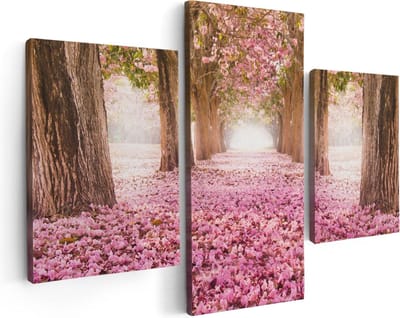 Artaza Canvas Schilderij Drieluik Romantische Bomen Tunnel Met Roze Anjers - 90x60 - Foto Op Canvas - Canvas Print