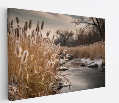 Saammp Canvas Schilderij - Bevroren Gras - Bloemen - Landschap - Natuur - 45x30 - Foto op canvas - Wanddecoratie - Muurdecoratie Woonkamer - Slaapkamer decoratie - Canvas Print