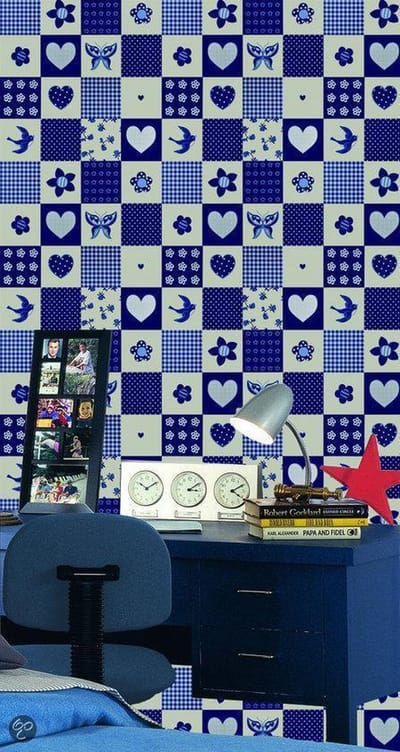 Dutch Wallcoverings Papierbehang - Kinderbehang - Patchwork - Blauw