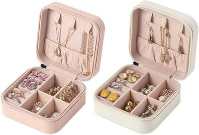 Mini Reiskosmetiekoffer voor Vrouwen, Draagbare Sieraden Organizer met Rits voor Ringen, Oorbellen en Kettingen - Perfecte Cadeau voor Vriendin en Moeder (Roze & Wit)