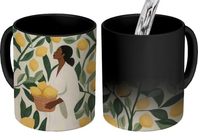 Magische Mok - Foto op Warmte Mokken - Koffiemok - Vrouw - Mand - Citroenen - Bladeren - Magic Mok - Beker - 350 ML - Theemok