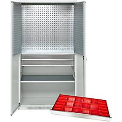 Schäfer Shop Genius materiaalkast FS, 5 OH, afsluitbaar, geperforeerde roosterwanden/2 laden/2 legborden, tot 450 kg, B 1055 x D 520 x H 1950 mm, lichtgrijs/lichtgrijs + gratis inzetbakset-24 st.