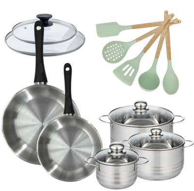 Set pannen 24/28 cm met deksels en 3 kookpotten 16/20/24 cm Fackelmann Genève met 5 keukengerei Oceaan