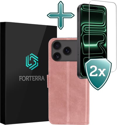 Hoesje Met 2x Screenprotector - Geschikt voor Apple iPhone 17 Pro Max - Luxe Pasjeshouder - Flip Case - Bookcase Portemonee - Kunstleer Book Case - Flipcase Hoes - Book Cover - Walletcase - Portemonneehoes - Rosé goud