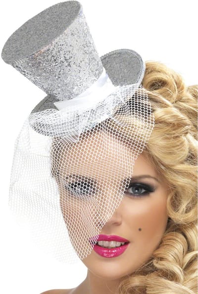 Smiffy's Verkleed mini hoedje - wit - op diadeem - glitter and glamour - met sluier