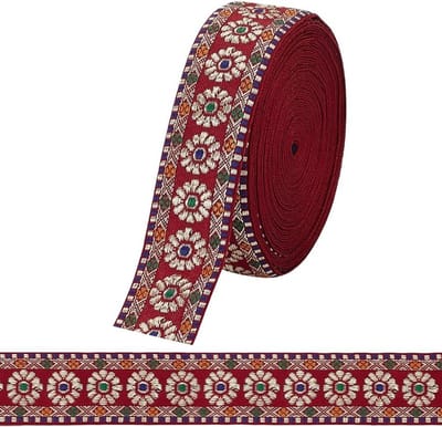 Jacquard Bloemenlint 32mm Rood Geborduurd Etnisch Stijl Polyester Stof Trim voor Naaiwerk, Tassen en Riemen