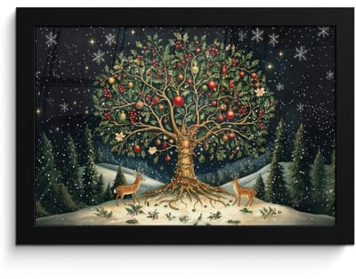 Poster in lijst - Fotolijst 30x20 cm - Posters - Feestboom - Winterhemel - Kleurrijk - Posterlijst zwart - Decoratie - Wanddecoratie woonkamer - Muurdecoratie slaapkamer - Kerstversiering - Kerstdecoratie voor binnen - Kerstmis