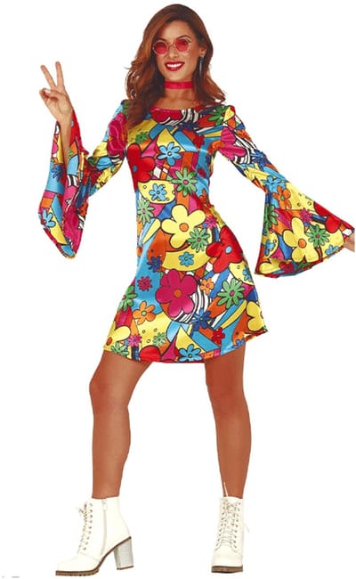 Fiestas Guirca - Hippie Dress Flower Power - maat L (42-44) - Carnavalskleding - Carnaval - carnavalskleding 2027 - Carnaval kostuum