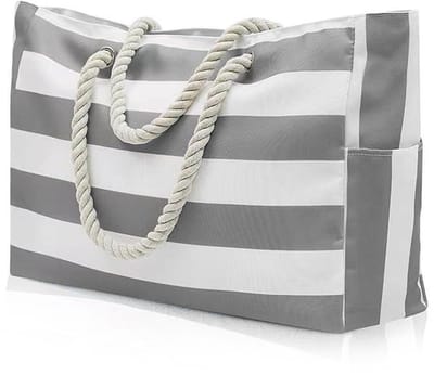 Grote strandtas - Gestreepte tas met rits - Familie zwembadtas - Waterdichte opvouwbare handtas / boodschappentas – Geschikt voor reizen, winkelen, strand en sportschool - Grijs