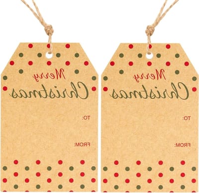 Kerstcadeau Labels: 50 Stuks Bruine Labels 8.5x5.5cm met Rode en Groene Stippen en 10m Touw voor Verpakking, DIY en Feestdecoratie