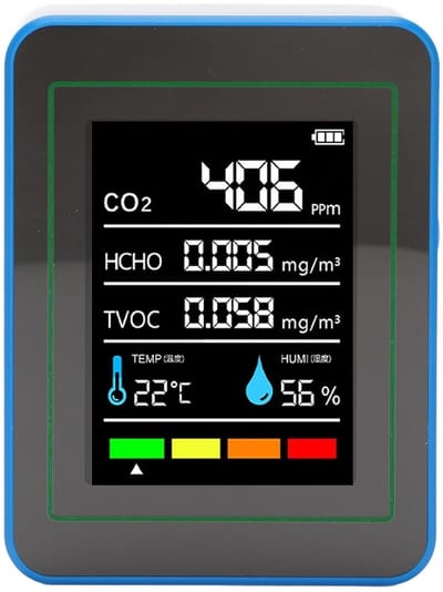 Luchtkwaliteitsmeter - CO2 TVOC HCHO meter - Binnenlucht meten - 5-in-1 metingen - 90x70x35mm - Wit en blauw