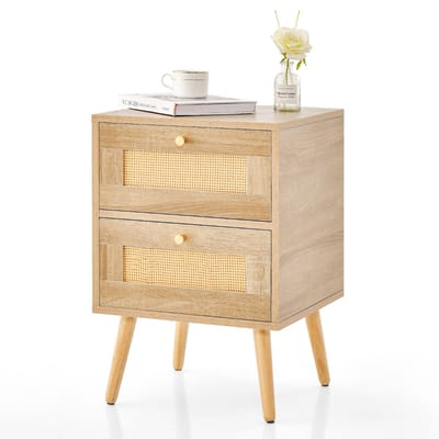 Rotan Nachtkastje met 2 Laden – Mid-Century Modern – Massief Houten Poten – 40 x 35 x 50 cm