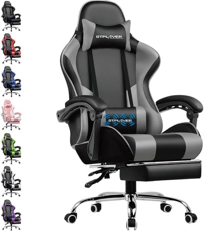 GTPLAYER Gamingstoel Ergonomische met Volledige Ondersteuning voor Hoofd, Lenden en Voeten, PU-Grijs