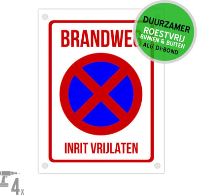 Pictogram/ bord Dibond + boorgaten | "Brandweg - Inrit vrijlaten" | 27 x 36 cm | Roestvrij | Duurzaam | Stevig materiaal | Brandweer | Calamiteit | 1 stuk
