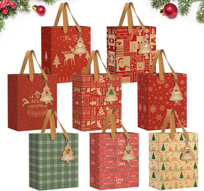 24 stuks kerstzakken met handgrepen, kraftpapier, 8 ontwerpen, 27 x 21 x 11 cm
