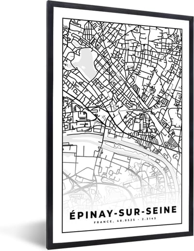 Fotolijst incl. Poster Zwart Wit- Stadskaart - Plattegrond - Kaart - Frankrijk - Épinay-sur-Seine - Zwart wit - 40x60 cm - Posterlijst