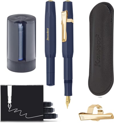 Kaweco - Cadeauset - 5delig - Vulpen Extra Fine (EF) - Sport Classic Navy - 8 Shape Clip Gold - etui Leer Zwart - Twister patronen - Doosje vullingen