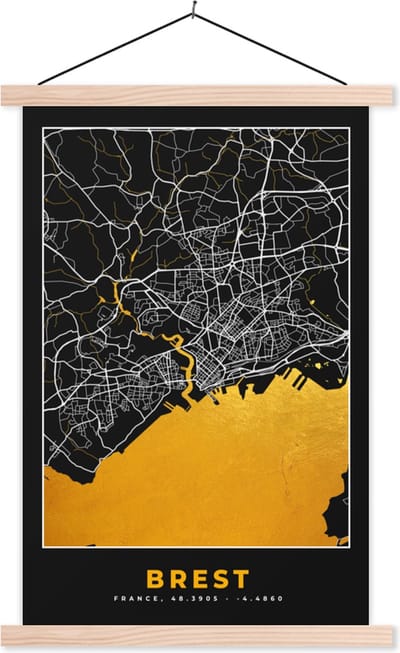 Posterhanger incl. Poster 40x60 cm - Schoolplaat - Plattegrond – Stadskaart – Brest - Frankrijk - Kaart - Textielposter - Blanke latten - Stadskaart