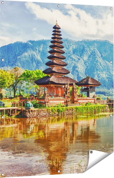 Gards Tuinposter Pura Tempel in Bali op het meer Beratan - 90x120 cm - Tuindoek - Tuindecoratie - Wanddecoratie buiten - Tuinschilderij