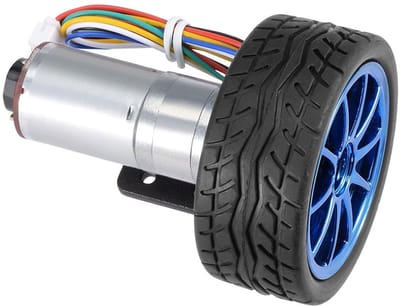 Encoder Motor met Beugel - Motor met Wiel - Robotica Toepassingen - Slijtvaste Constructie - 65 mm Wiel - Zilver