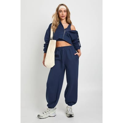 boohoo Dames Jogger met manchetten en hoodie met ritssluiting 3-delig trainingspak | Navy | Maat: XL