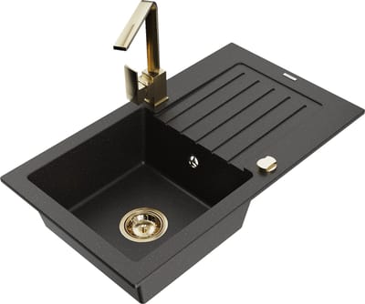 Mexen Pablo granieten gootsteen met 1 bak, afdruiprek en keukenmengkraan Rita, zwart/goud metallic - 6510-75-670300-50