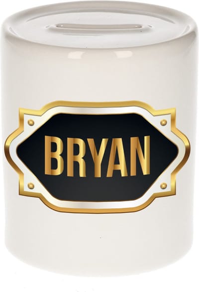 Spaarpot met voornaam Bryan - wit - met goud/zwart embleem - 8 x 9 cm - keramiek - met afsluitdop - cadeau verjaardag