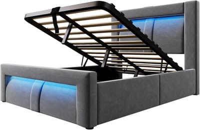 COVREO Eenpersoonsbed met opbergruimte – 90x200 cm – Bedframe met LED en laadpoorten – Gebogen hoofdbord – Grijs - zonder matras
