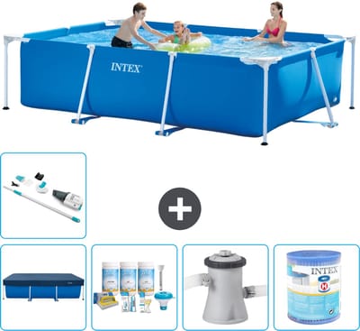 Intex Rechthoekig Frame Zwembad - 300 x 200 x 75 cm - Blauw - Inclusief Afdekzeil - Onderhoudspakket - Zwembadfilterpomp - Filter - Stofzuiger - 6-delig