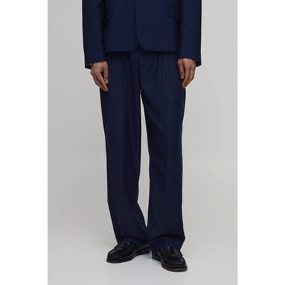 Geborduurd Relaxed Fit Pantalon Met Plooien En Gesneden Pasvorm | Navy | Size 32