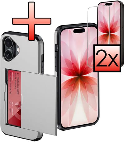 Hoes Geschikt voor iPhone 17 Hoesje Pasjeshouder Hard Cover Met 2x Screenprotector Shock Proof Hard Case Hoes Met Kaarthouder - Grijs