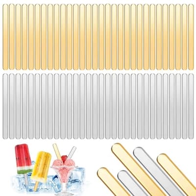 60 acrylic ice cream sticks, creative and durable, reusable ice cream sticks for homemade popsicles, gold and silver.