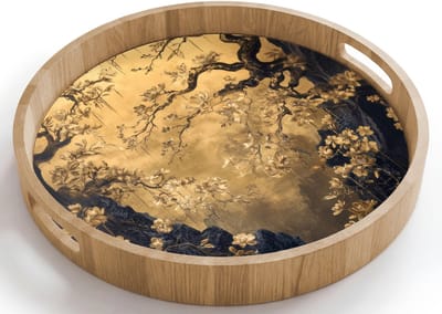 Dienblad rond 40x40 cm - Schootdienblad hout - Bloemen - Takken - Goud - Sierlijk - Borrelplank rechthoek - Plateau houten dienbladen