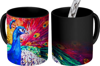 Magische Mok - Foto op Warmte Mokken - Koffiemok - Schilderij - Vogel - Pauw - Olieverf - Magic Mok - Beker - 350 ML - Theemok