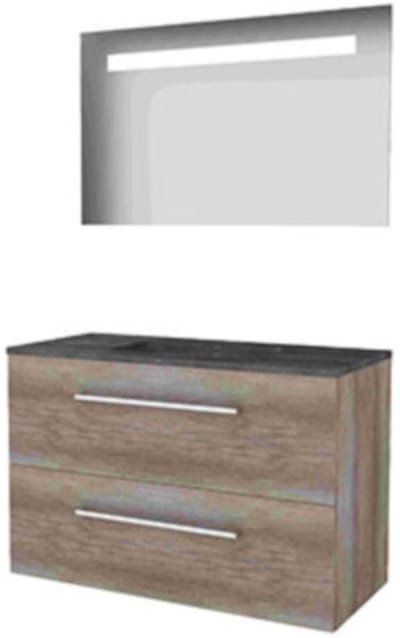 Basic-Line Economic 46 Badkamermeubelset - 100 x 46 cm - Met Grepen - 2 Lades - Hardstenen Wastafel - Zonder Kraangat - Spiegel met LED Verlichting - Scotch Oak