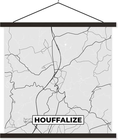 Posterhanger incl. Poster 60x60 cm - Schoolplaat - Zwart Wit – België – Plattegrond – Stadskaart – Kaart – Houffalize - Textielposter - Zwarte latten - Stadskaart