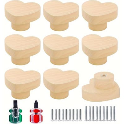 9 stuks Natuurlijke Hartvormige Houten Kastknoppen, Handgemaakte Houten Ladeknoppen voor Meubels Dressoirknoppen, Hardware Trekkers(Met schroeven en schroevendraaier) 9pcs
