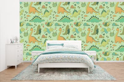 Behang - Fotobehang Patronen - Dino - Groen - Jongetje - Kind - Kinderen - Kids - Breedte 500 cm x hoogte 280 cm