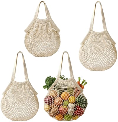 Set van 4 boodschappentassen, herbruikbaar, katoenen boodschappennet, netje zandspeelgoed, beige boodschappennetten met lang handvat voor het opbergen van fruit, groenten, winkelen, strand