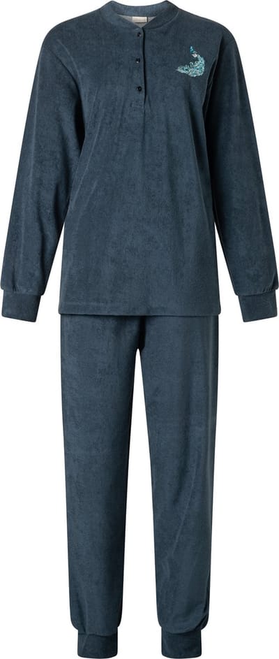 Lunatex - warme dames pyjama badstof 124206 - donkerblauw - maat S