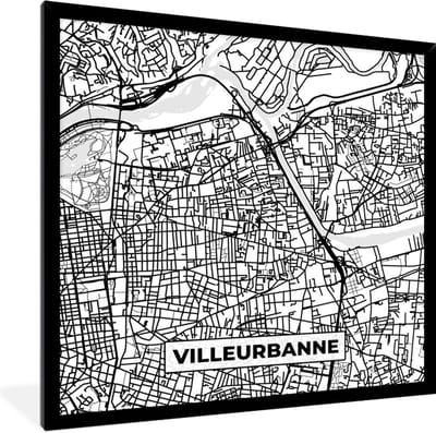 Fotolijst incl. Poster Zwart Wit- Frankrijk Villeurbanne - Stadskaart - Plattegrond - Kaart - Zwart wit - 40x40 cm - Posterlijst