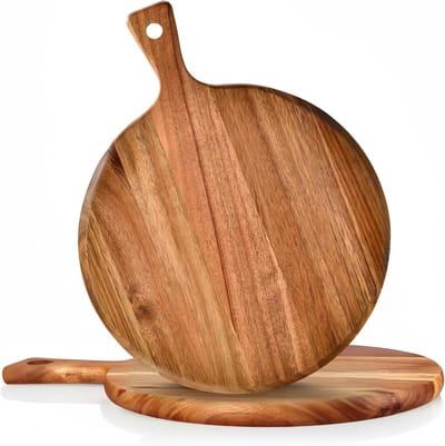 Set van 2 Houten Pizza Schalen met Handvat - Ronde Acaciahouten Serveerschalen voor Pizza, Flammkuchen en Kaasplank, Diameter 30 cm