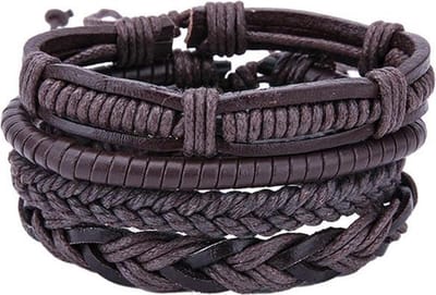 BAZORO® Armband Heren - Gevlochten Leer - Vintage Mannen Armband - Wikkelarmband - Set van 4 stuks - One Size Fits All - Bruin