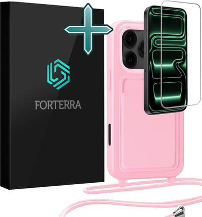 Hoesje Geschikt voor iPhone 17 Pro Max Pashouder Case Siliconen Hoes Met Koord Met Screenprotector - Hoes Geschikt voor iPhone 17 Pro Max Met Telefoonkoord Hoesje Back Cover Met Pasjeshouder - Lichtroze