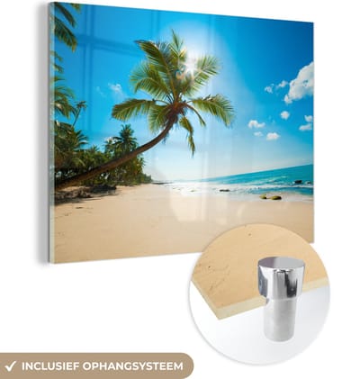 MuchoWow® Glasschilderij 160x120 cm - Schilderij acrylglas - Strand - Zee - Zon - Palmboom - Foto op glas - Muurdecoratie woonkamer - Wanddecoratie slaapkamer - Schilderijen