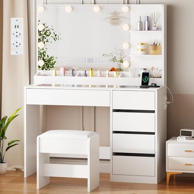 Kaptafel met LED Verlichting, Kruk en Stopcontacten, Moderne Kaptafel met Spiegel en Opbergruimte | Wit