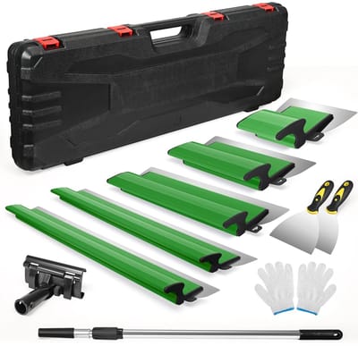 Velori Gipsplaten Skimming Blade Set - Plamuurmessen Set 15/25/40/60/80 cm - Flexibele Pleistermessen - Inclusief Verlengsteel en Opbergkoffer - Groen